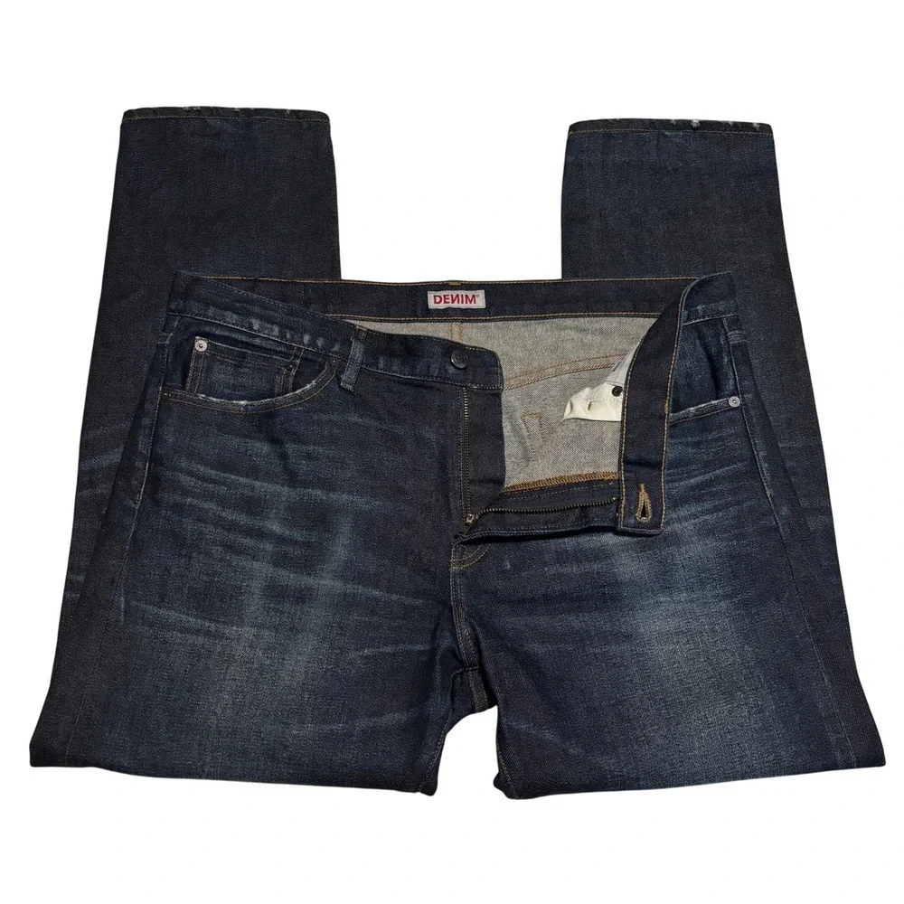 SMN Denim Selvedge Jeans The Hunter Standard Slim Sz 38x28 Dark Wash Distressed